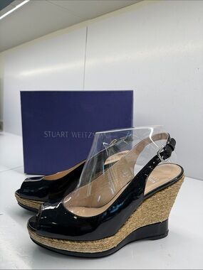 Stuart Weitzman Black Patent Peep-Toe Espadrille Wedges